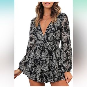 Women's Jumpsuit Floral Print V Neck Baggy Sleeve Waist Tie Mini Dress Romper